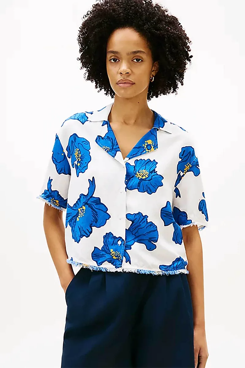 Tommy Hilfiger γυναικείο πουκάμισο με κεντημένο floral σχέδιο Relaxed Fit - WW0WW48924 Λευκό - Μπλε