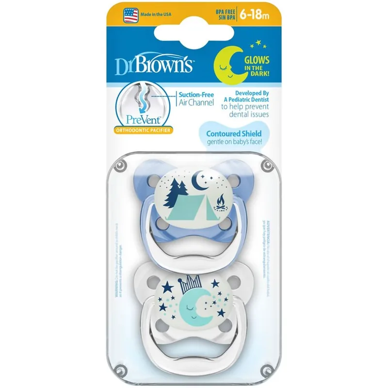 Dr. Brown’s PreVent Glow in the Dark Orthodontic Silicone Soother Ορθοδοντική Πιπίλα Σιλικόνης που Λάμπει στο Σκοτάδι 2 Τεμάχια - Μπλε / Διάφανο