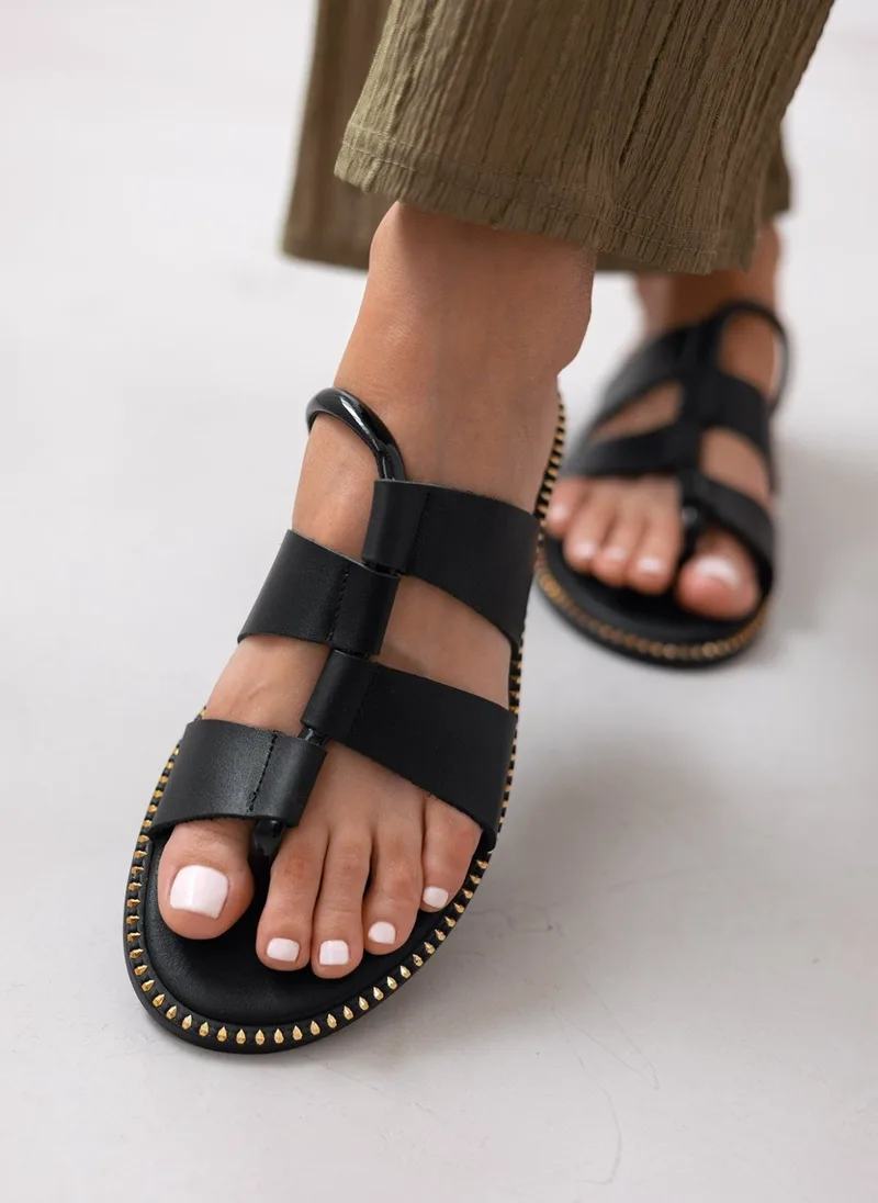 Estil Leather Studded Flat Sandals - 24 - Black