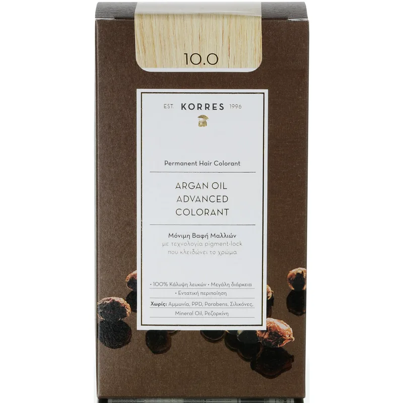 Korres Argan Oil Βαφή Μαλλιών Χωρίς Αμμωνία με Τεχνολογία Pigment-Lock που Κλειδώνει το Χρώμα 1 Τεμάχιο - 10.0 Ξανθό Πλατίνας Φυσικό