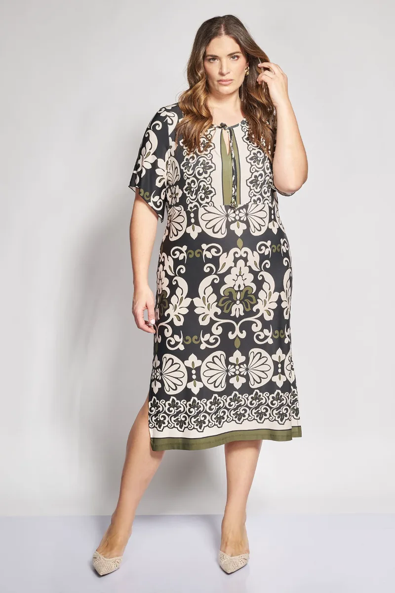 Midi Boho Φόρεμα με Ethnic Εμπριμέ με δέσιμο.