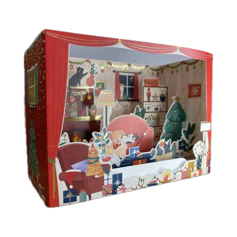 Pictura Xmas 3D Αναδυόμενη Κάρτα Κουτί Οι Γάτες Ανοίγουν Δώρα στο Σαλόνι PI22019