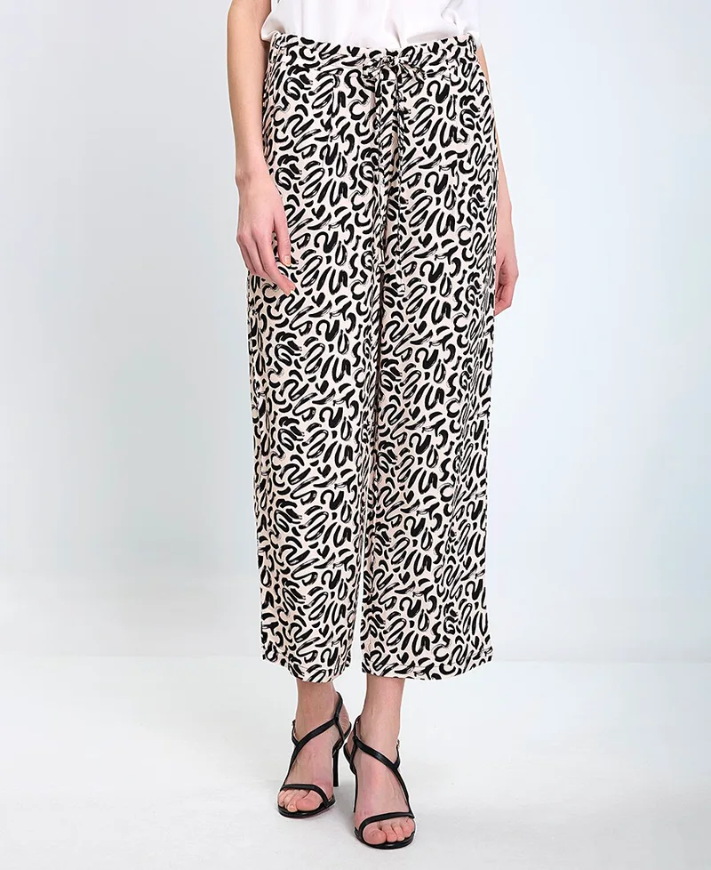 Γυναικείο Παντελόνι Wide Leg Με Animal Print Και Κορδόνι