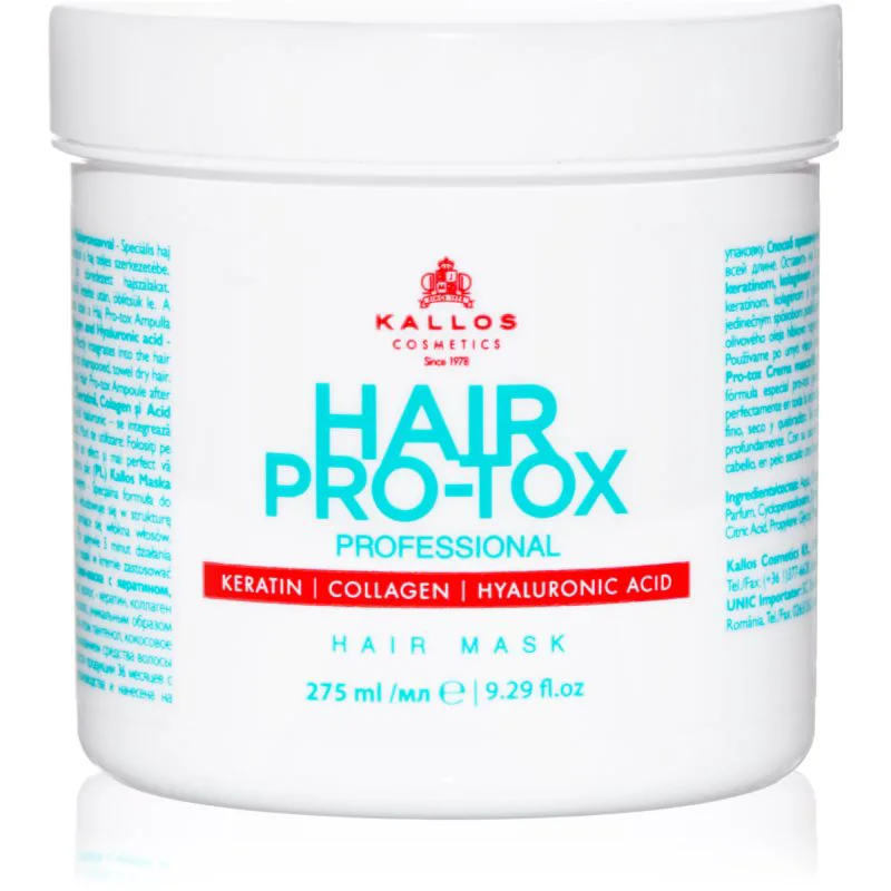 Kallos Hair Pro-Tox μάσκα για αδύναμα και ταλαιπωρημένα μαλλιά με έλαιο ινδοκάρυδου, υαλουρονικό οξύ και κολαγόνο 275 ml