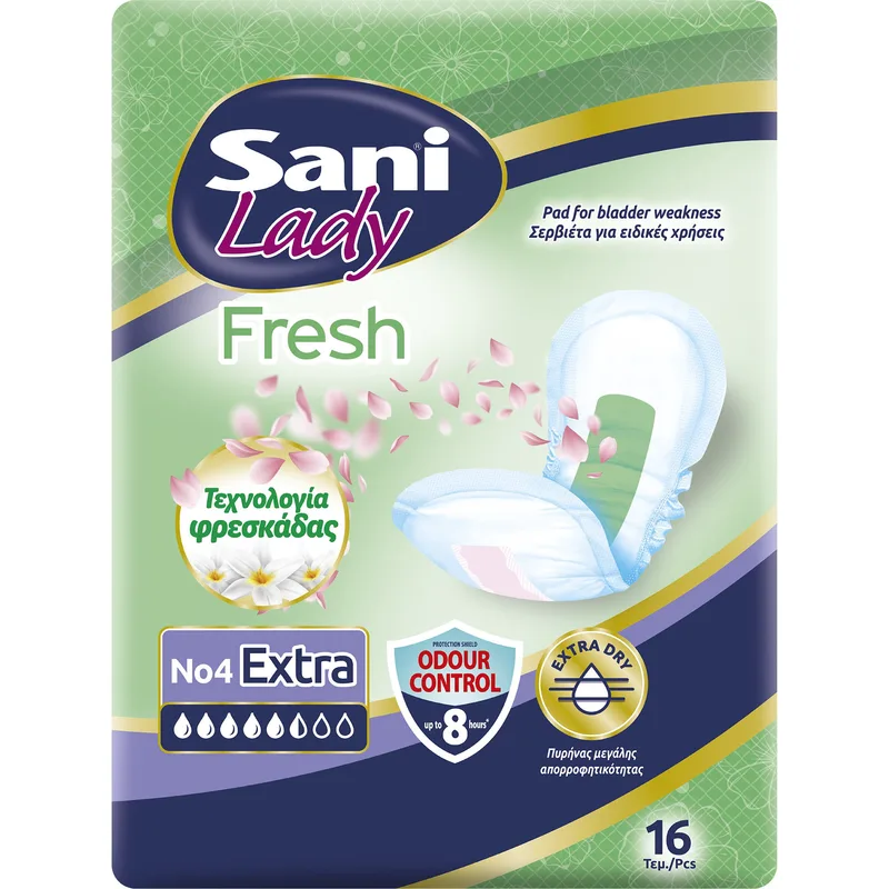 Sani Lady Fresh No4 Extra 16 Τεμάχια Γυναικείες Σερβιέτες Νυκτός για Ελαφράς Μορφή Ακράτειας