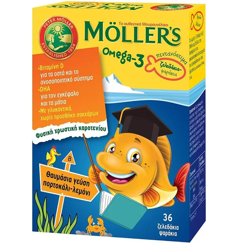 Moller’s Ω3 Kids Fish Orange-Lemon Συμπλήρωμα Διατροφής Ω3 για Παιδιά σε Ζελεδάκια Σχήματος Ψαριού με Γεύση Πορτοκάλι-Λεμόνι 36 Softgels