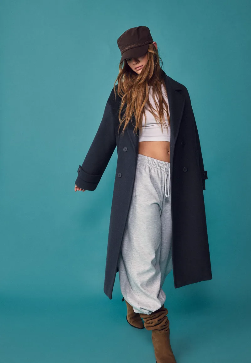 Stradivarius Μακρύ Παλτό Oversize Με Απαλή Υφή Navy Blue L