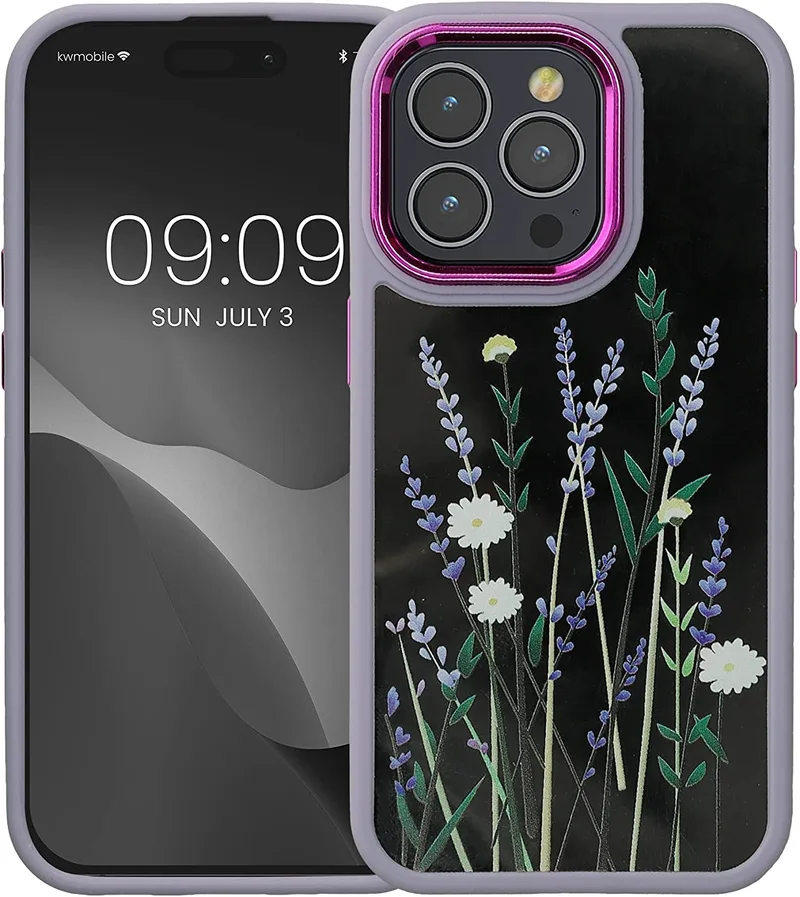 KWmobile Crystal Hard Case - Σκληρή Διάφανη Θήκη με TPU Bumper - Apple iPhone 14 Pro - Flower Straws / Lavender / Green / Transparent (60468.01)