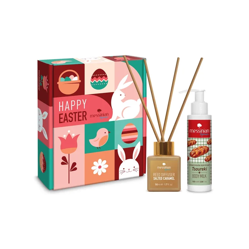 Messinian Spa Promo Happy Easter Reed Deffuser Salted Caramel Πασχαλινό Αρωματικό Χώρου Αλατισμένη Καραμέλα 50ml &amp; Γαλάκτωμα Σώματος Τσουρέκι 100ml