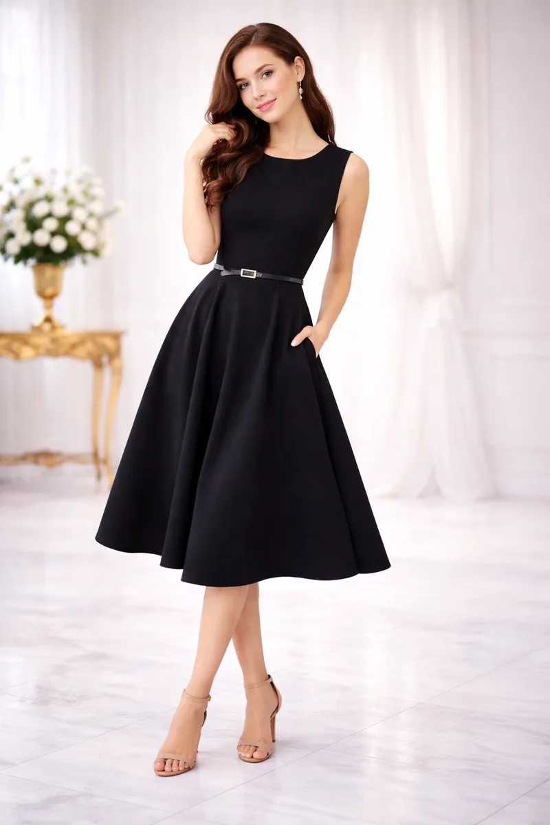 Μαύρο Midi Φόρεμα σε Α-Γραμμή με Ζώνη | Dress Up Μαύρο