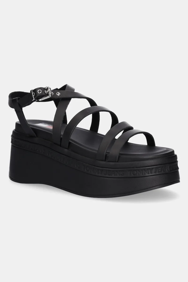 Δερμάτινα πέδιλα Tommy Jeans WEDGY STRAPPY SANDAL