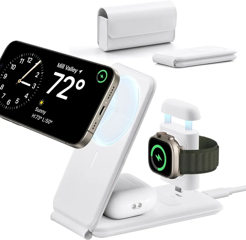ESR HaloLock 3-in-1 Travel Wireless Charging Set - Σετ Αναδιπλούμενη Φορητή Μαγνητική Βάση Ασύρματης Φόρτισης MagSafe για Apple iPhone / AirPods / Αποσπώμενο Μαγνητικό Φορτιστή Type-C για Apple Watch & Θήκη Μεταφοράς - 7.5W - White (4894240189207)