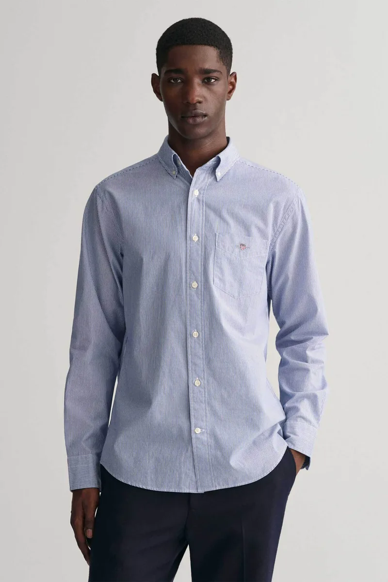 Gant ανδρικό πουκάμισο button down με ψιλό ριγέ σχέδιο και τσέπη με κεντημένο λογότυπο Regular Fit - 3000140 Μπλε