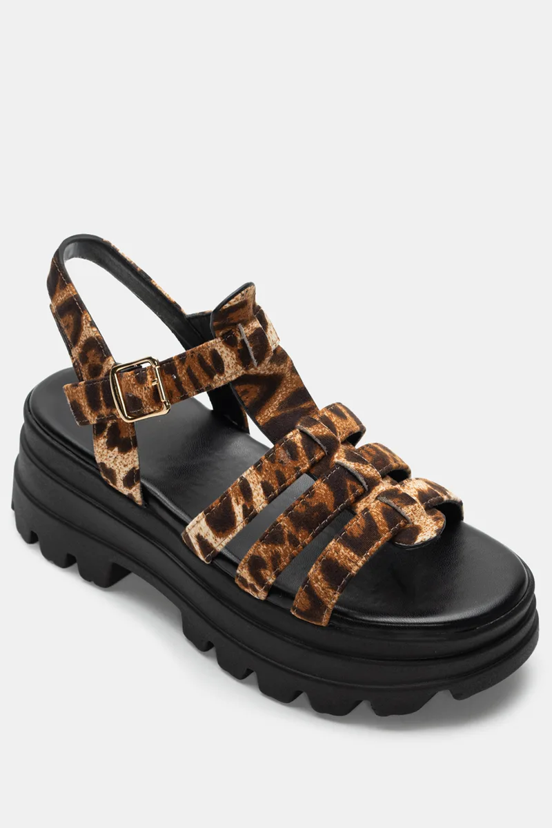 Σανδάλια Flatform με Πολλαπλά Λουράκια - Animal Print