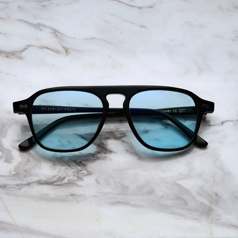 DANIEL Tinted Sunglasses | Black | Blue Shades | Explicit Poets Sunglasses