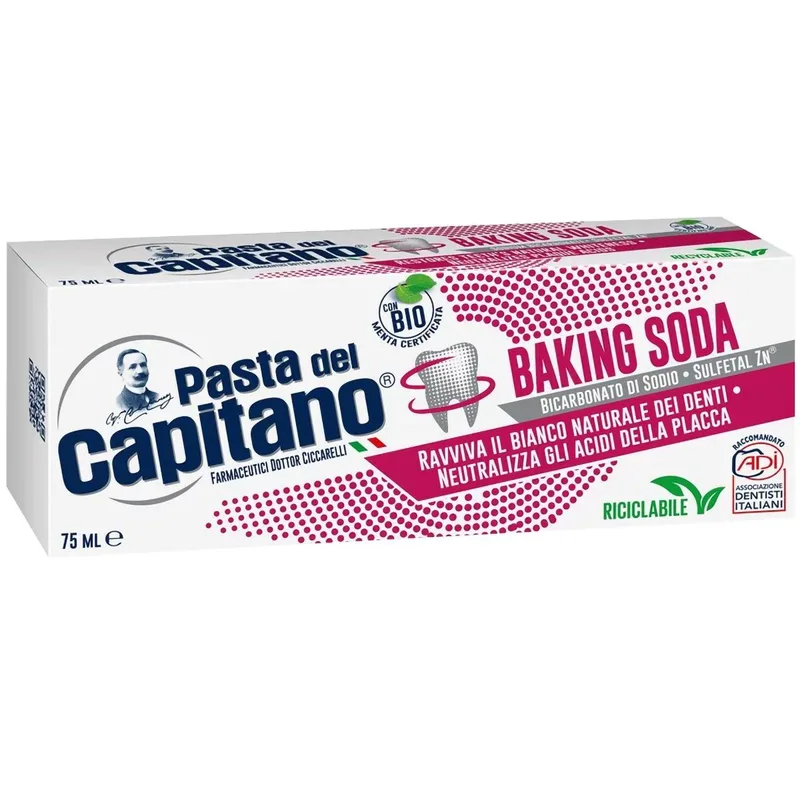 Pasta del Capitano Baking Soda Toothpaste Οδοντόκρεμα με Μαγειρική Σόδα για Φυσική Λεύκανση των Δοντιών με Αντιβακτηριακούς Παράγοντες 75ml