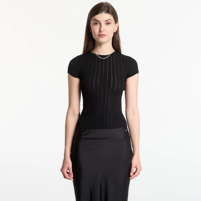 T-shirt GUESS Ss Cn Rib Pointelle Mix Kara S Jet Black XS