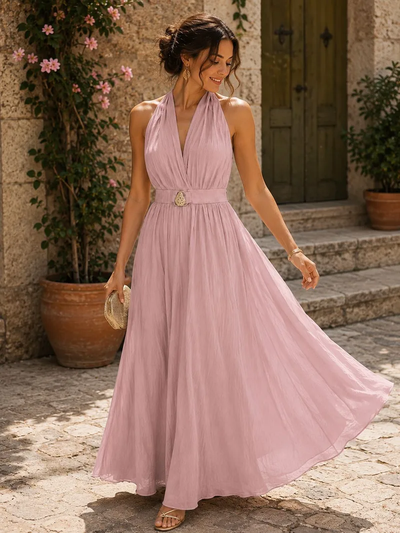 Maxi Φόρεμα Με Ανοιχτή Πλάτη & Elegant Λαιμόκοψη - Ροζ | Dress Up Ροζ