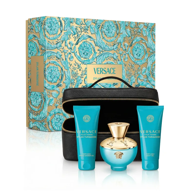 Versace Pour Femme Dylan Turquoise Eau de Toilette 100 ml with Shower Gel 100 ml, Body Lotion 100 ml, and Cosmetic Bag for Women 1 pcs