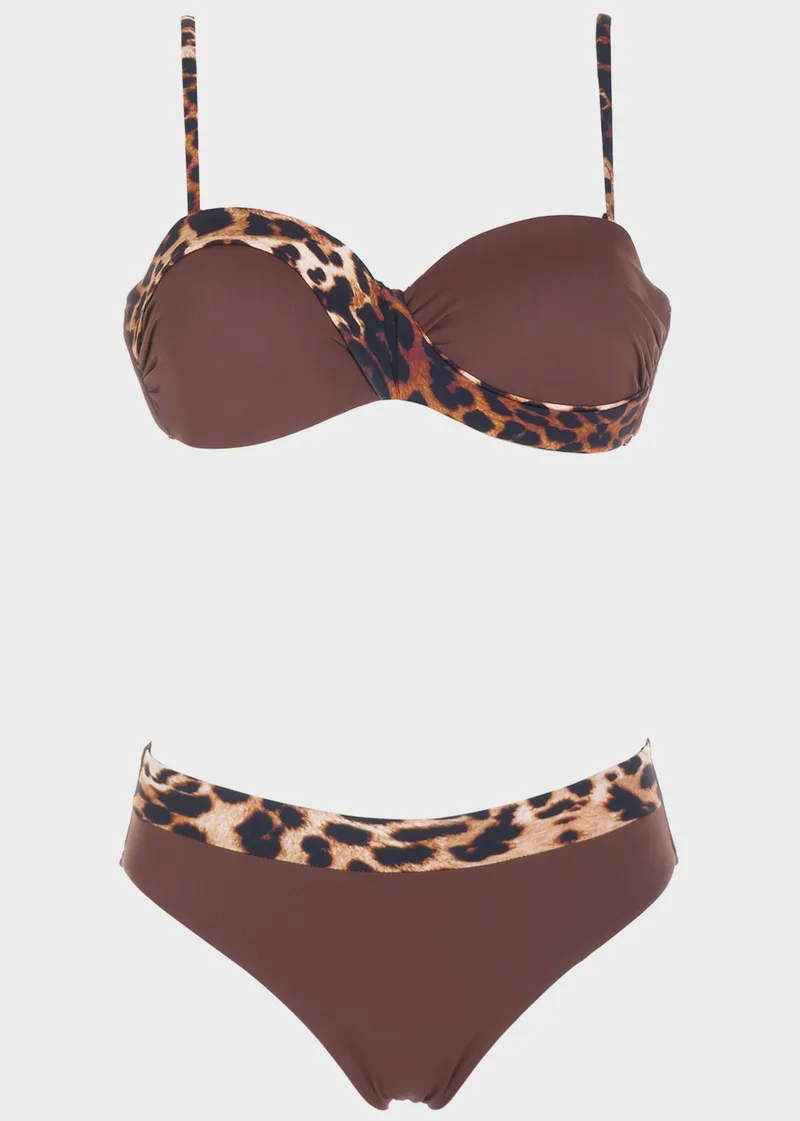 Set bikini strapless με λεπτομέρειες animal print. Kαλύπτει C Cup ΚΑΦΕ
