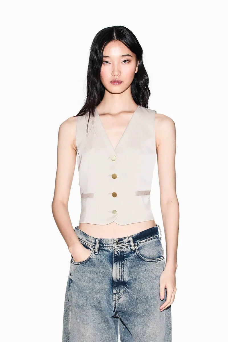 Armani Exchange γυναικείο γιλέκο με χρυσά κουμπιά - XW001954AF21553 Μπεζ
