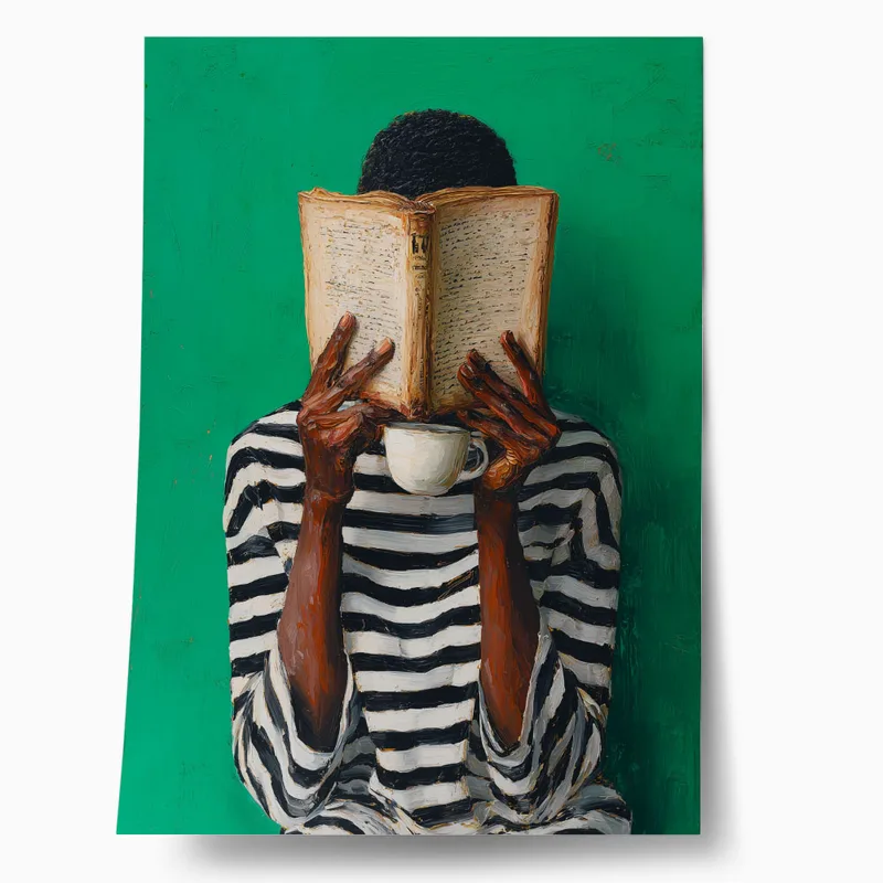 Poster AFROCENTRIC WOMAN HIDING BEHIND BOOK GREEN
