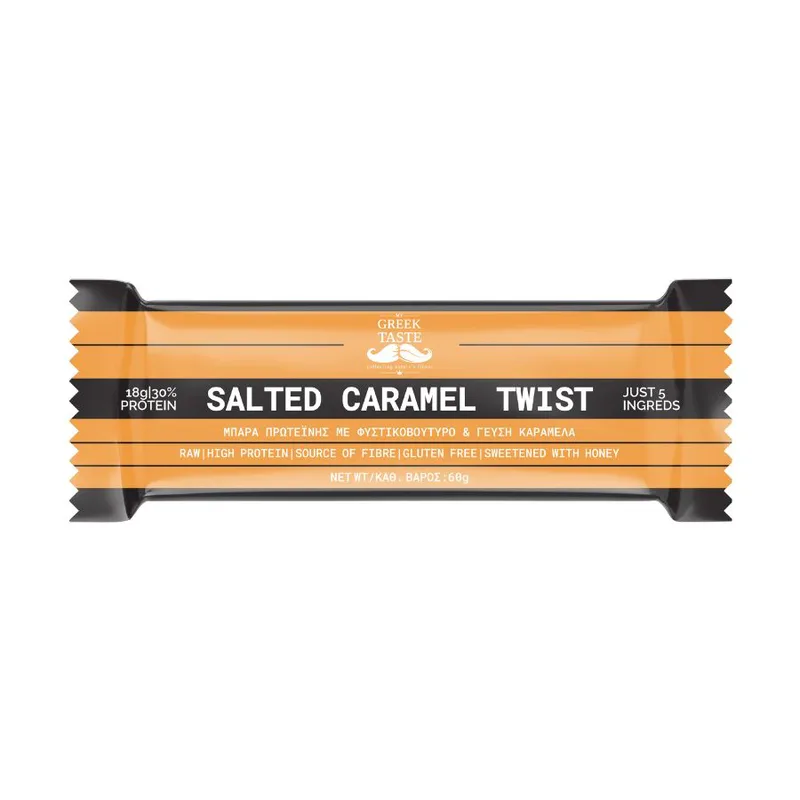 Salted Caramel Twist Premium Raw Μπάρα Πρωτεΐνης 30% Χωρίς Γλουτένη - myGreekTaste - 60gr Ελλάδα High Protein Source of Fibre Gluten Free Naturally Sweetened Palm Oil Free