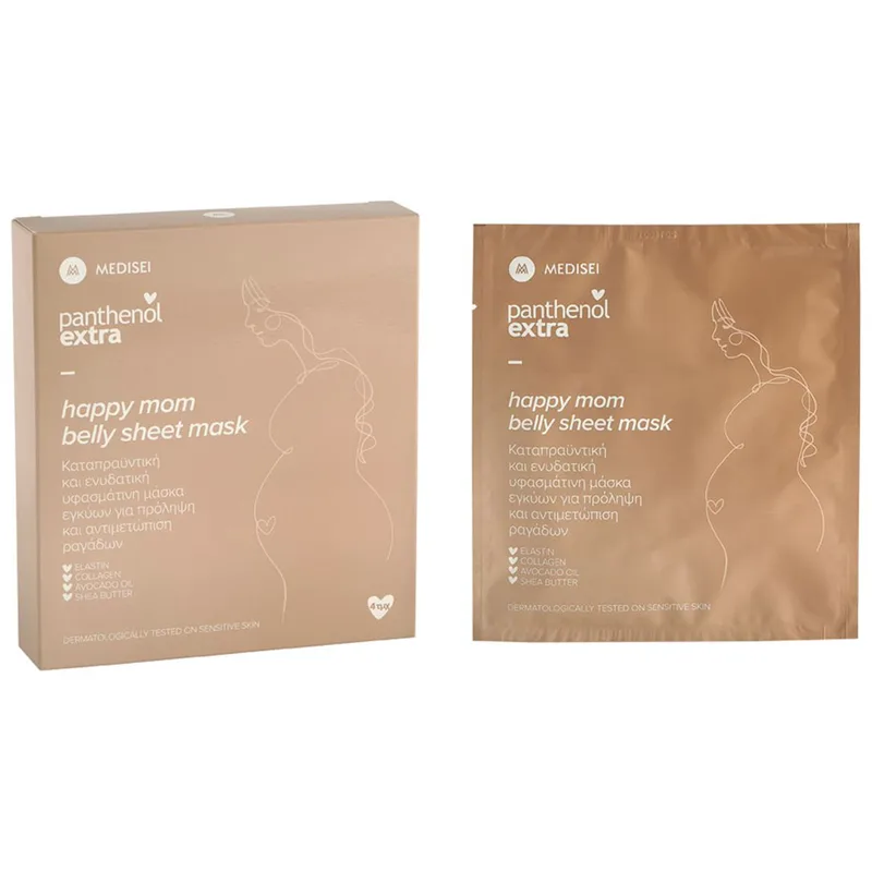 Panthenol Extra Happy Mom Belly Sheet Mask Καταπραϋντική & Ενυδατική Υφασμάτινη Μάσκα Πρόληψης & Αντιμετώπισης των Ραγάδων της Κοιλιάς Κατά την Εγκυμοσύνη 4 Τεμάχια