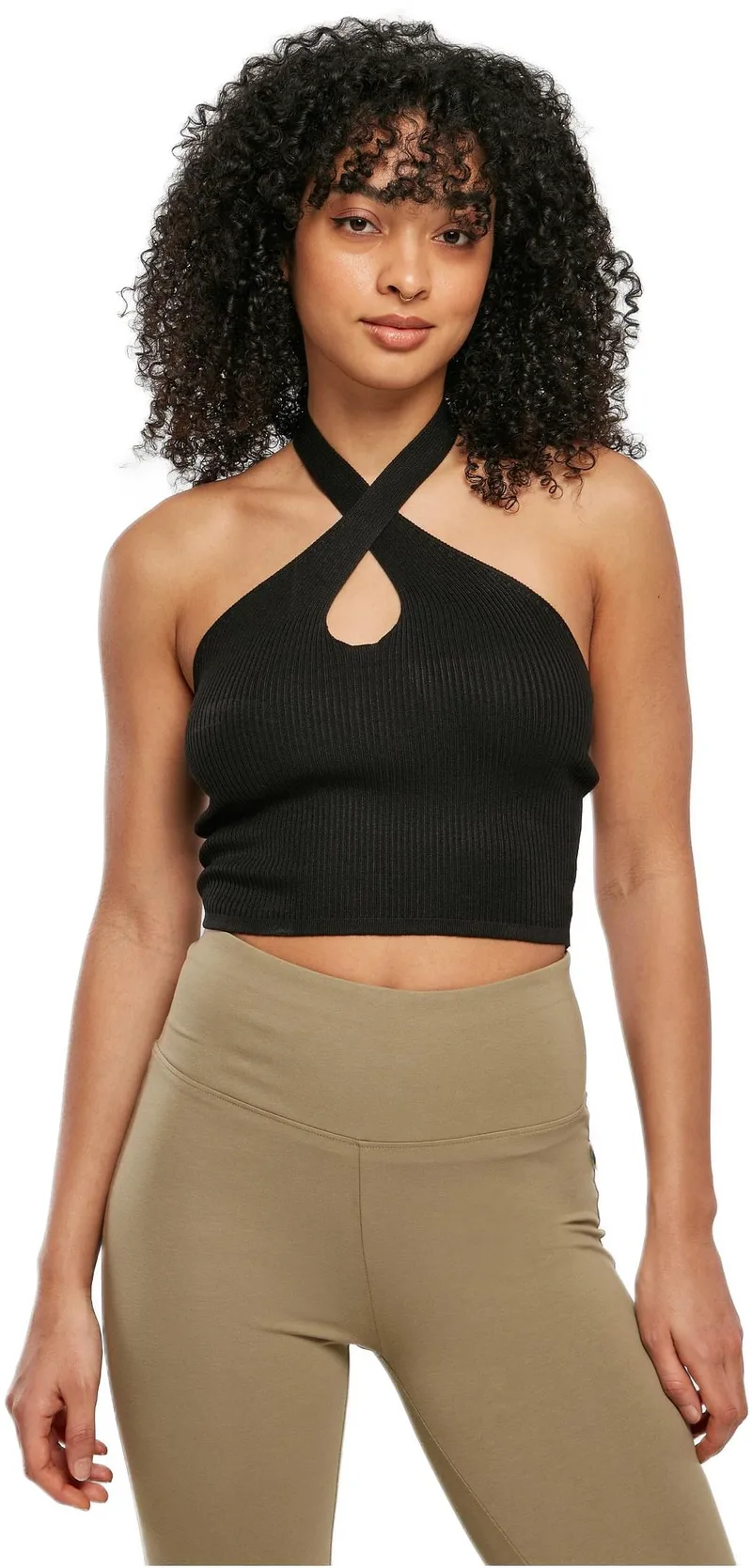 Ladies Rib Knit Crossed Neckholder Top Urban Classics TB5044-00007 black
