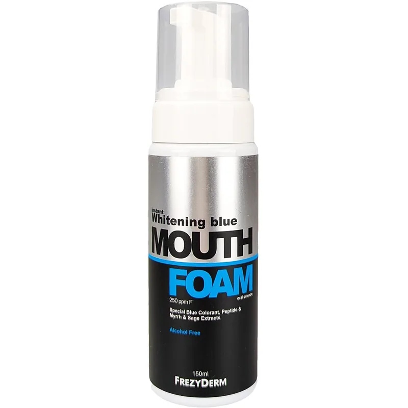 Frezyderm Instant Whitening Blue Mouthfoam Μοναδικός Αφρός & Στοματικό Διάλυμα 2 σε 1 που Εξουδετερώνει Άμεσα τις Δυσχρωμίες & τις Κηλίδες ενώ Περιποιείται τη Στοματική Κοιλότητα 150ml