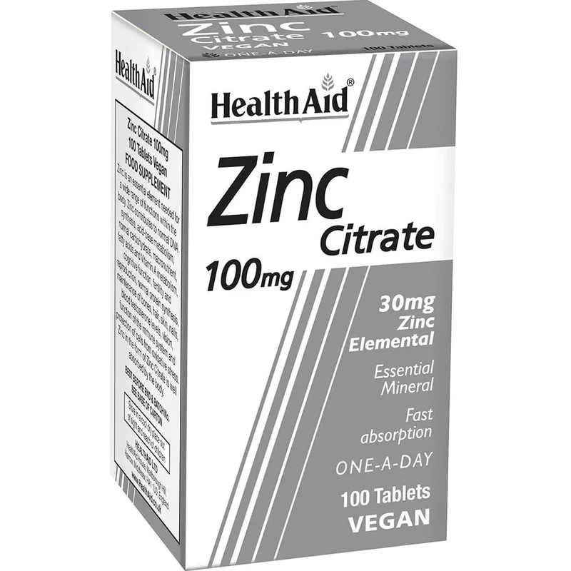 Health Aid Zinc Citrate 100mg Συμπλήρωμα Διατροφής με Κιτρικό Ψευδάργυρο για την Ενίσχυση του Ανοσοποιητικού Συστήματος & την Καλή Υγεία των Μαλλιών, Νυχιών & Δέρματος 100tabs