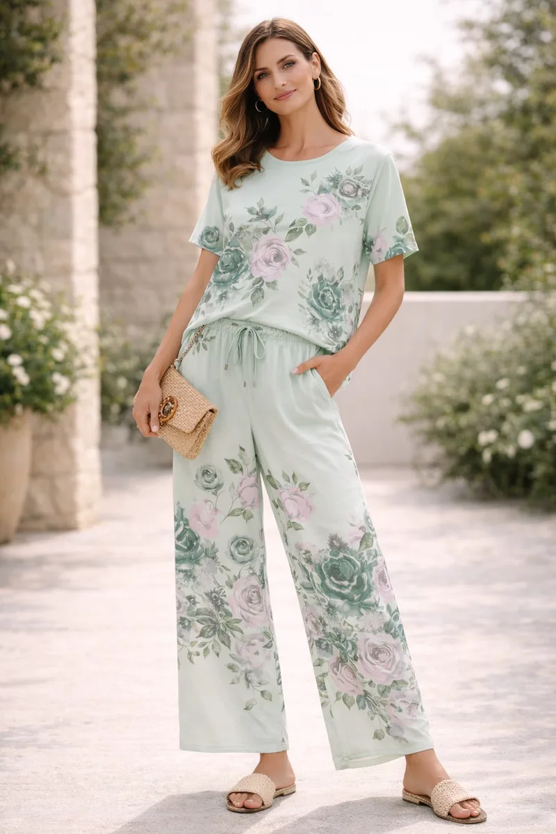 Σετ Μπλούζα Και Παντελόνα Floral Γυναικεία Σε Βεραμάν Χρώμα Βεραμάν