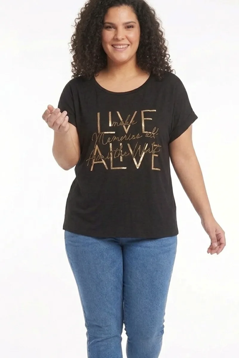 Μπλούζα με στρας "ALIVE" σε μαύρο χρώμα plus size