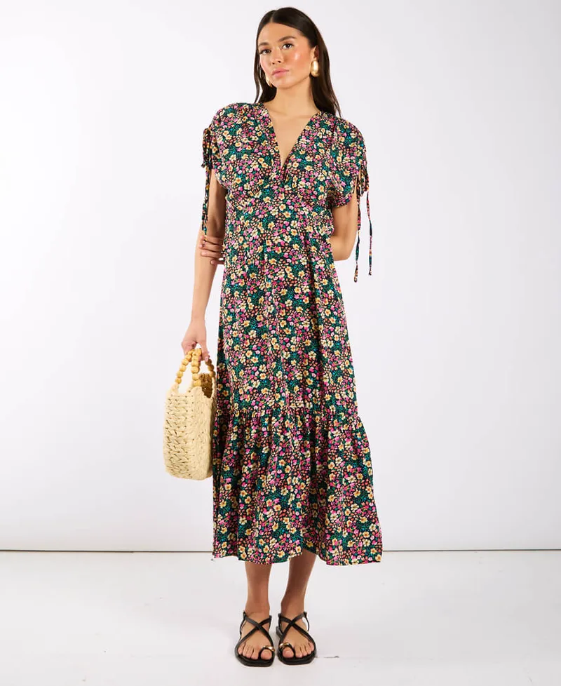 Multicoloured Floral Gathered Sleeve Midi Dress | Size: 10