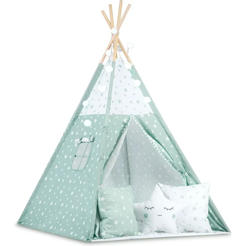 Παιδική Σκηνή Teepee Nukido Kids Tipi Tent NK-400 Ινδιάνικη με 3 x Μαξιλάρια & Φωτάκια - Mint / Stars (5903890609573)