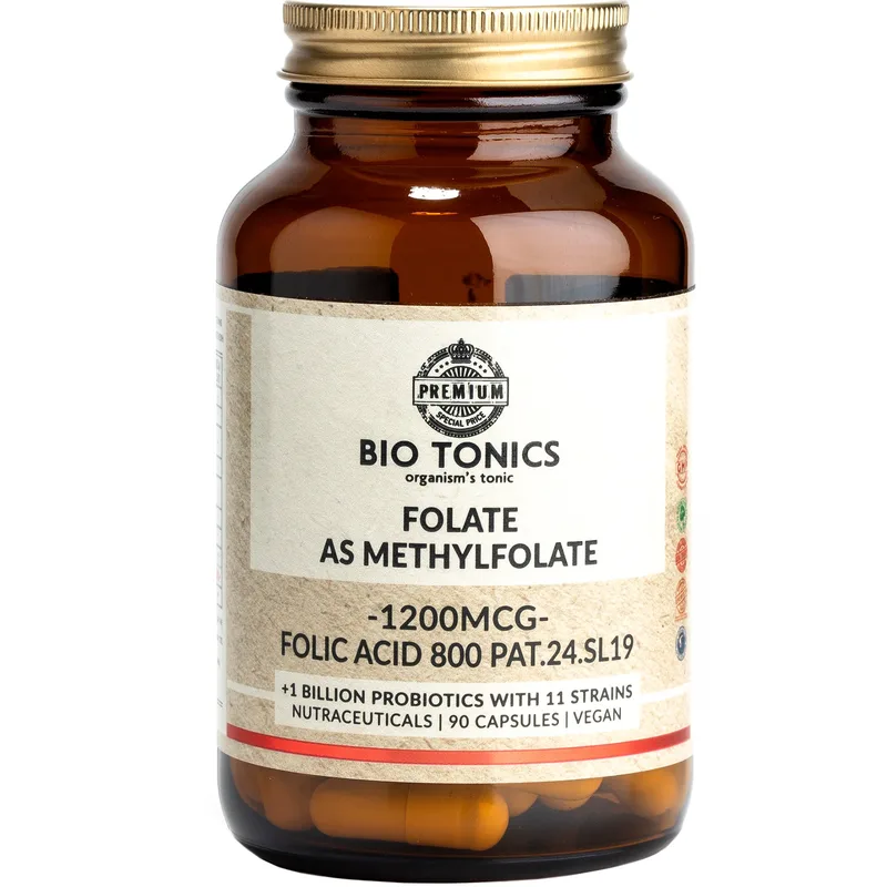 Bio Tonics Folate 1200μg Συμπλήρωμα Διατροφής Φολικού Οξέος ως Μεθυλοφολικό Οξύ για Μέγιστη Απορρόφηση σε Συνδυασμό με Προβιοτικά Στελέχη για την Υποστήριξη της Υγιούς Ανάπτυξης του Μητρικού Ιστού Κατά την Εγκυμοσύνη 90caps
