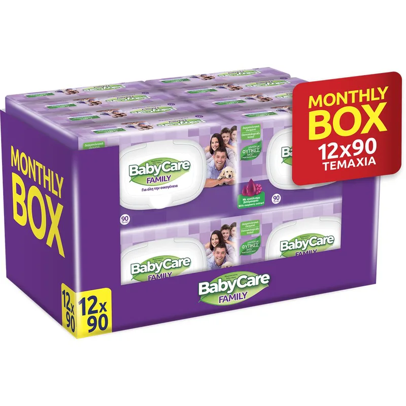 BabyCare Family Raspberry Wipes Monthly Box Υγρά Μανταλάκια για Όλη την Οικογένεια με Εκχύλισμα Raspberry & Ειδικά Μελετημένη Σύνθεση για Ευαίσθητο Δέρμα με Καπάκι 1080 Τεμάχια (12x90 Τεμάχια)