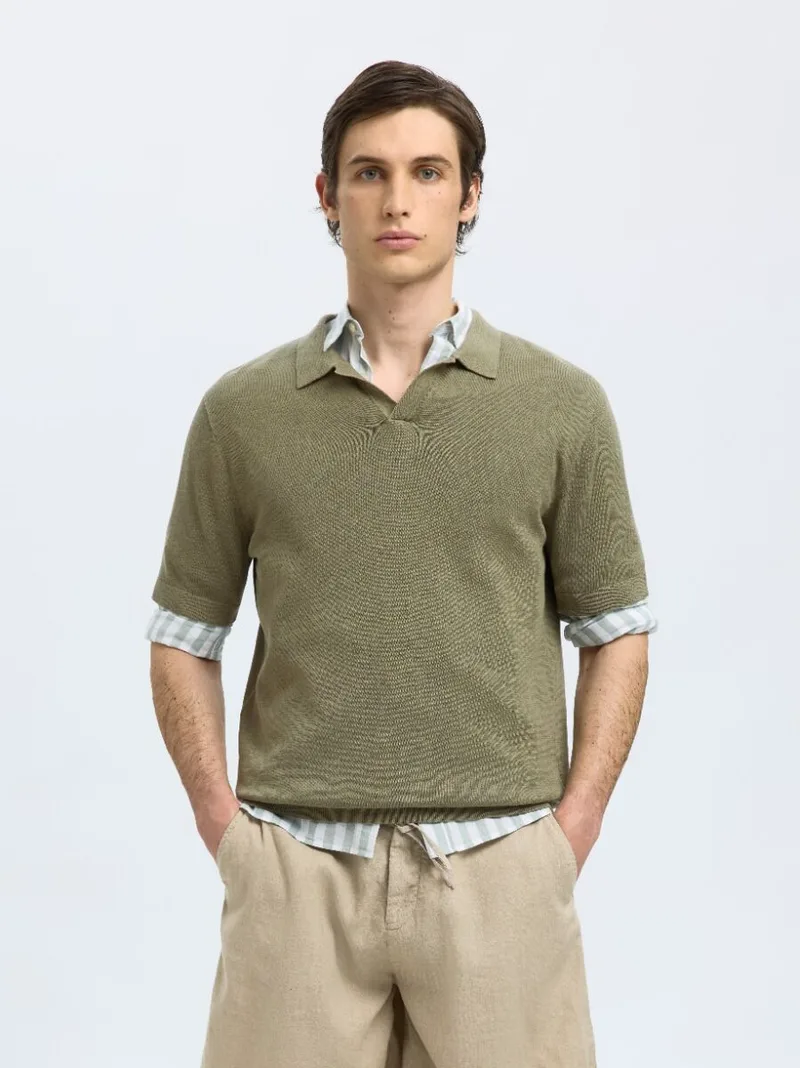 Selected Mattis Ανδρικό Κοντομάνικο Linen Polo 16096197 Λαδί