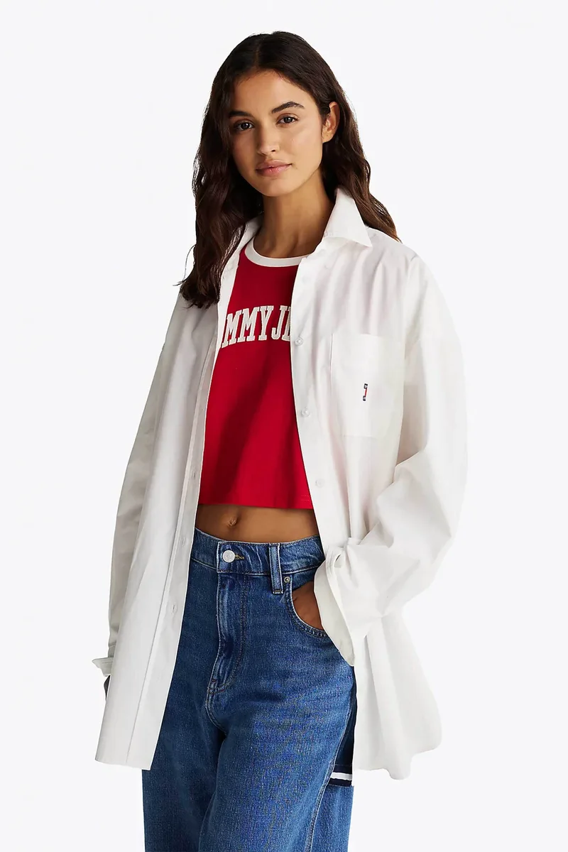 Tommy Jeans γυναικείο πουκάμισο με τσέπη στο στήθος και λογότυπο Oversized Fit - DW0DW19357 Λευκό