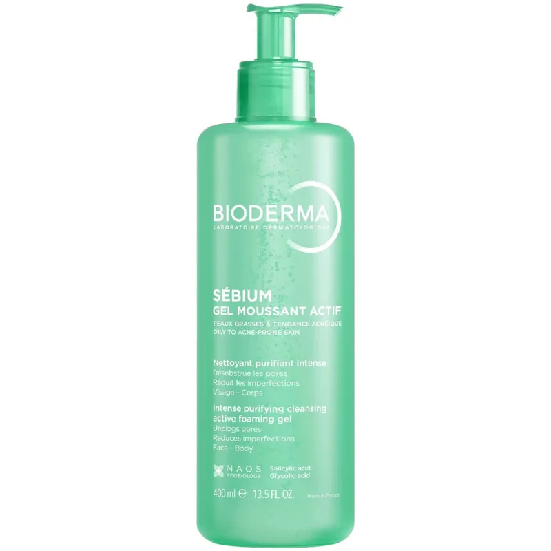 Bioderma Sebium Intense Puriifying Cleansing Face & Body Foaming Gel Αφρίζον Τζέλ για Ενεργό Καθαρισμό & Απολέπιση για Δέρμα με Τάση Ακμής με Σαλικυλικό & Γλυκολικό Οξύ, με Αντλία 400ml
