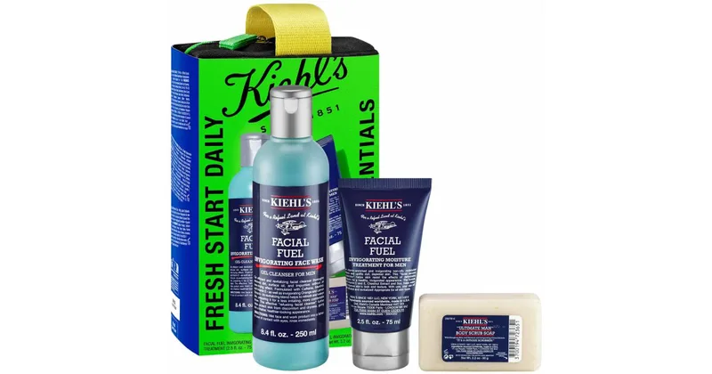 Kiehl's Facial Fuel Gift Set for Men Facial Cleansing Gel for Men 250ml + Moisturizing Day Cream with Vitamin C 75ml + Gentle Exfoliating Body Soap 90