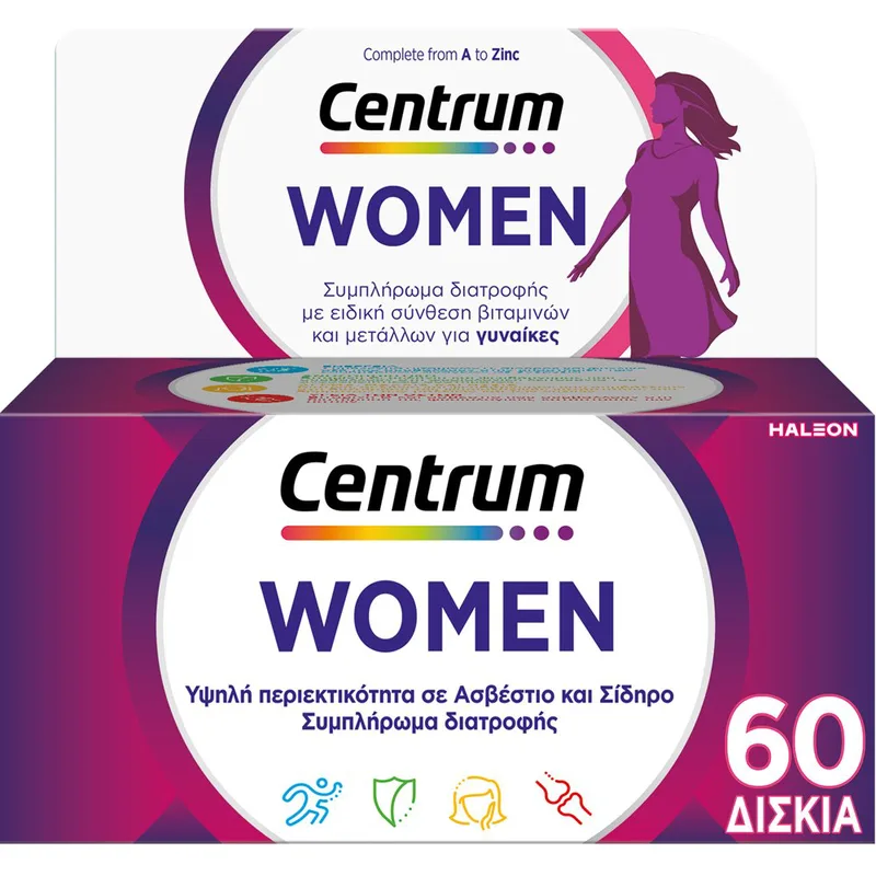 Centrum Women Συμπλήρωμα Διατροφής με Βιταμίνες, Μεταλλικά Στοιχεία & Βιταμίνη D Ειδικά Σχεδιασμένο για Γυναίκες για Ενέργεια, Τόνωση & Ισχυρό Ανοσοποιητικό 60tabs