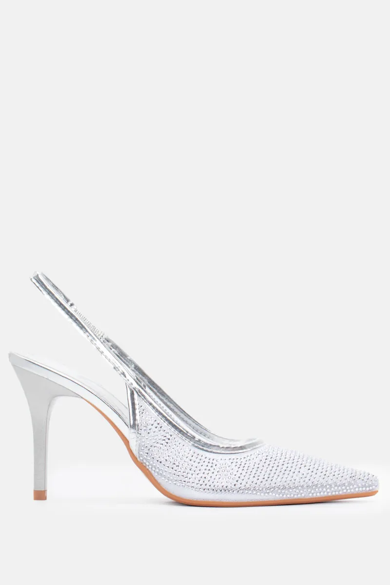 Γόβες Μυτερές Open Heel με Strass - Ασημί