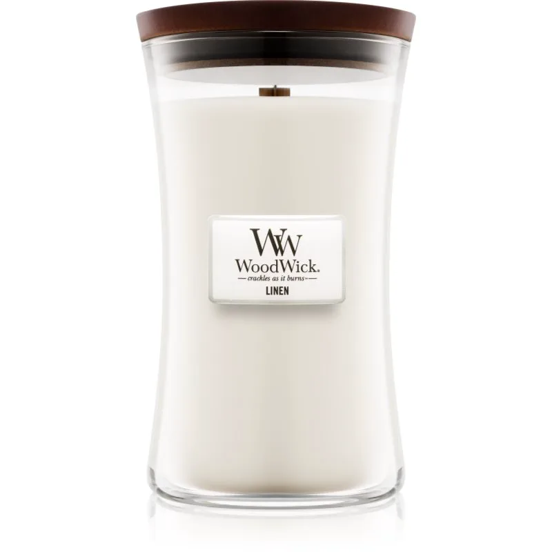 Woodwick Linen αρωματικό κερί με ξύλινο φιτίλι 609.5 γρ