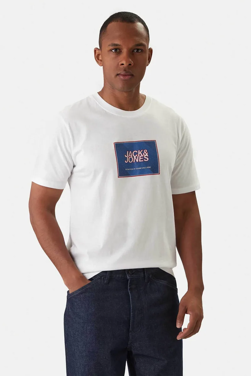 JACK & JONES ανδρικό T-shirt μονόχρωμο με logo print Regular Fit - 12288097 Λευκό