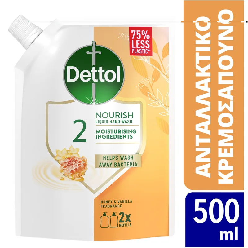 Dettol Honey & Vanilla Nourish Liquid Hand Wash Υγρό Κρεμοσάπουνο Ανταλλακτικό σε Σακουλάκι με Μέλι & Βανίλια 500ml