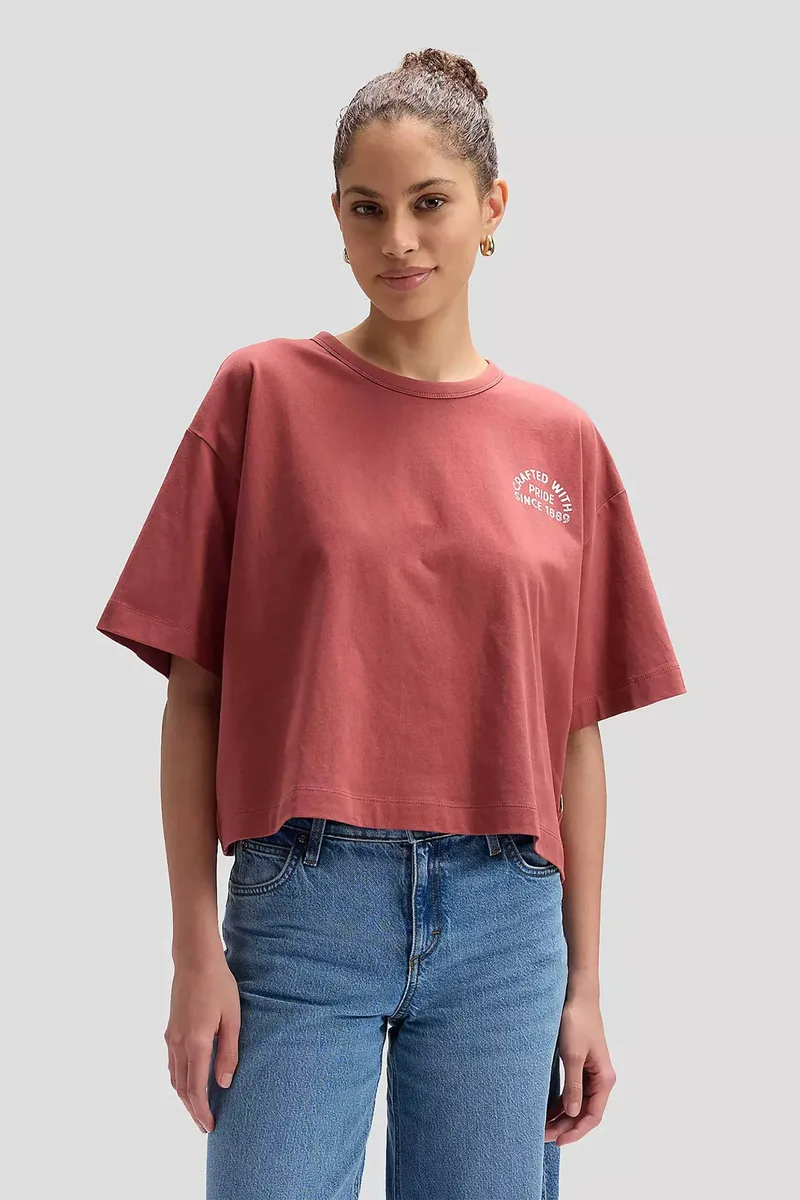Lee® γυναικείο T-shirt μονόχρωμο με logo print Relaxed Fit "Crafted" - 112377784 Κεραμιδί