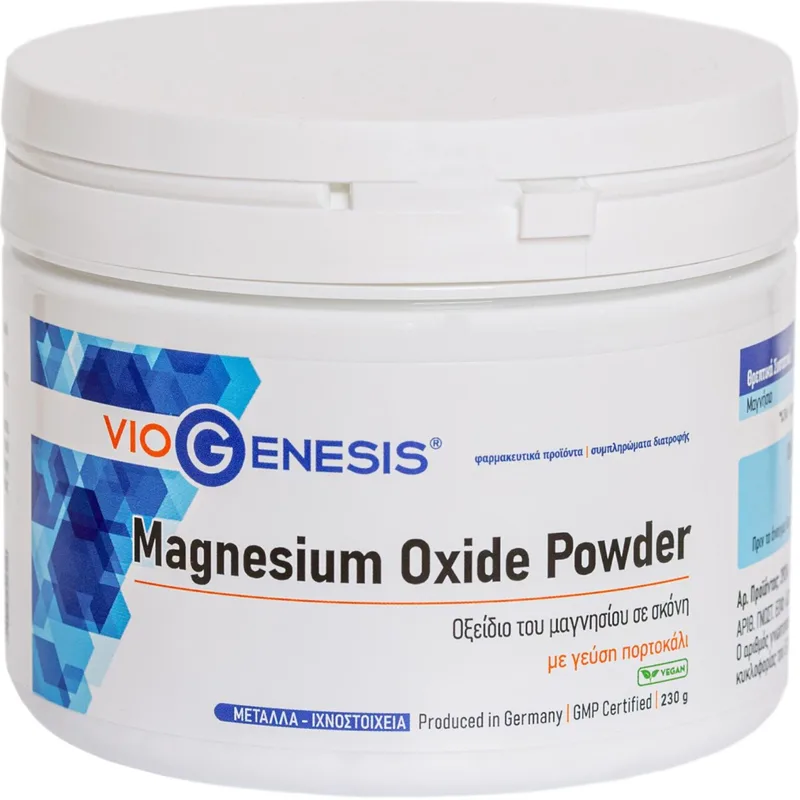 Viogenesis Magnesium Oxide Powder Πορτοκαλί Flavour Συμπλήρωμα Διατροφής με Οξείδιο του Μαγνησίου σε Σκόνη για Αποκατάσταση της Δυσκοιλιότητας με Γεύση Πορτοκάλι 230g