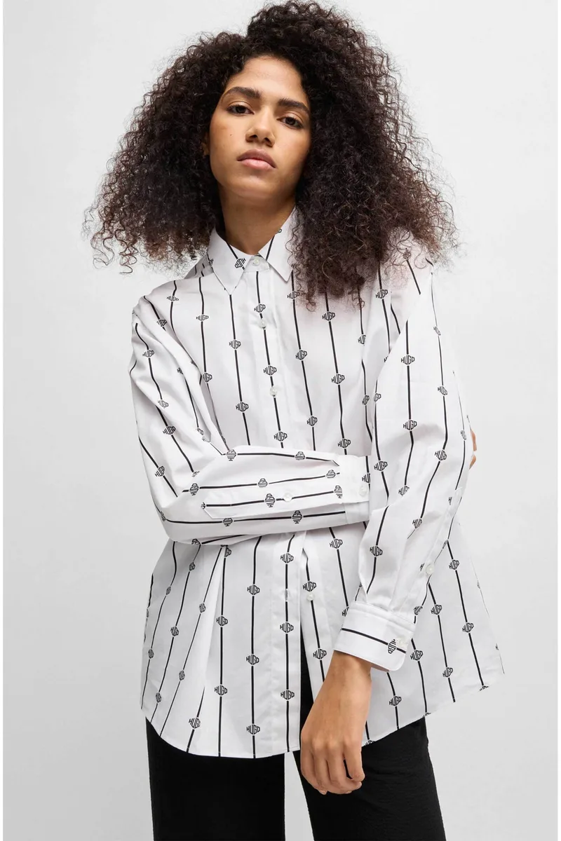Hugo Boss γυναικείο πουκάμισο με logo stripe pattern Oversized Fit "Eskil" - 50538451 Λευκό