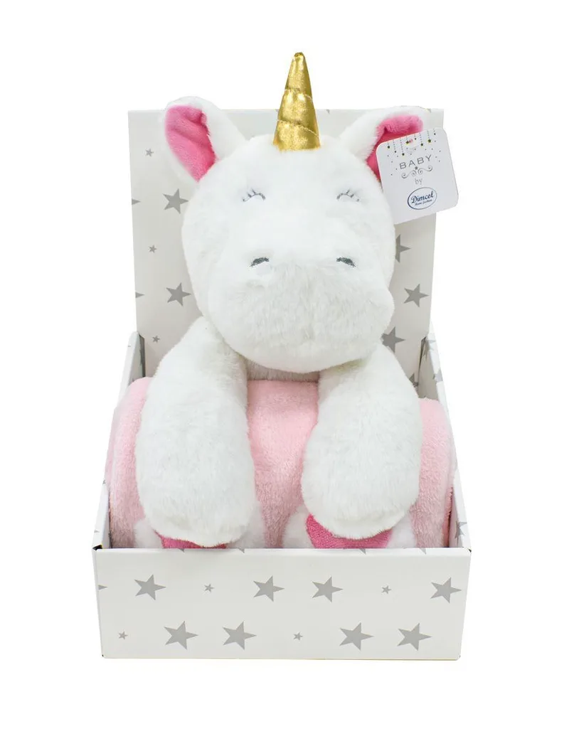 Λούτρινο Ζωάκι Σετ 2 Τεμ- Dimcol Unicorn 02 Ύψος 25 cm & Κουβέρτα Coral Fleece 75x90 cm White-Ροζ